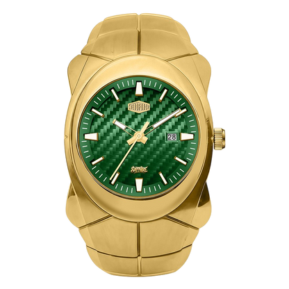 A gold-tone stainless steel watch with a textured green dial, featuring a date window and a gold-tone bezel and integrated link strap.