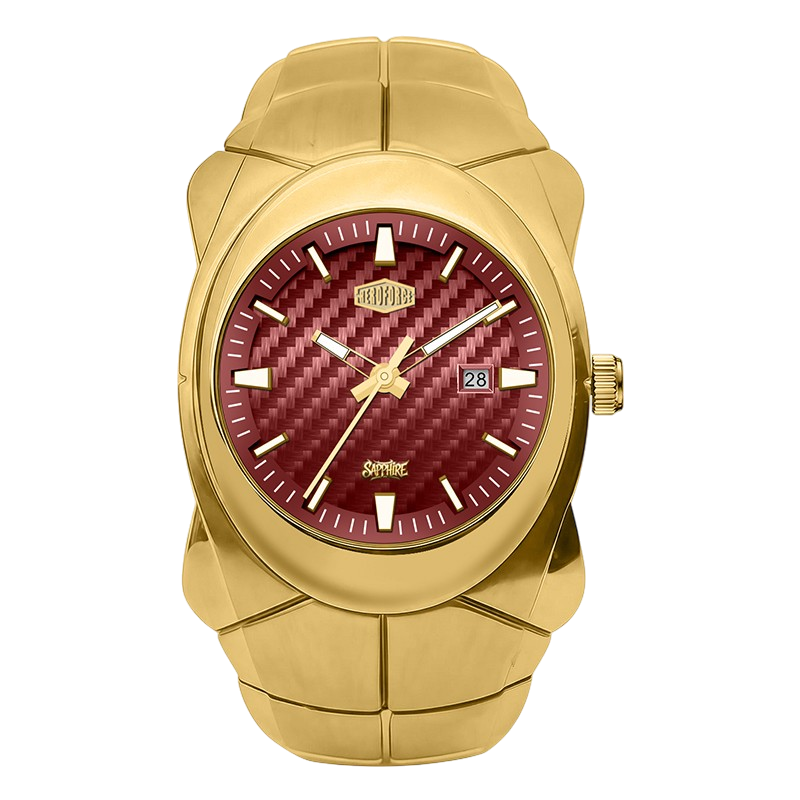 A gold-tone stainless steel watch with a textured red dial, featuring a date window, gold-tone hands, and a segmented link bracelet.