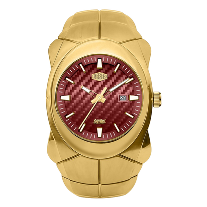 A gold-tone stainless steel watch with a textured red dial, featuring a date window, gold-tone hands, and a segmented link bracelet.