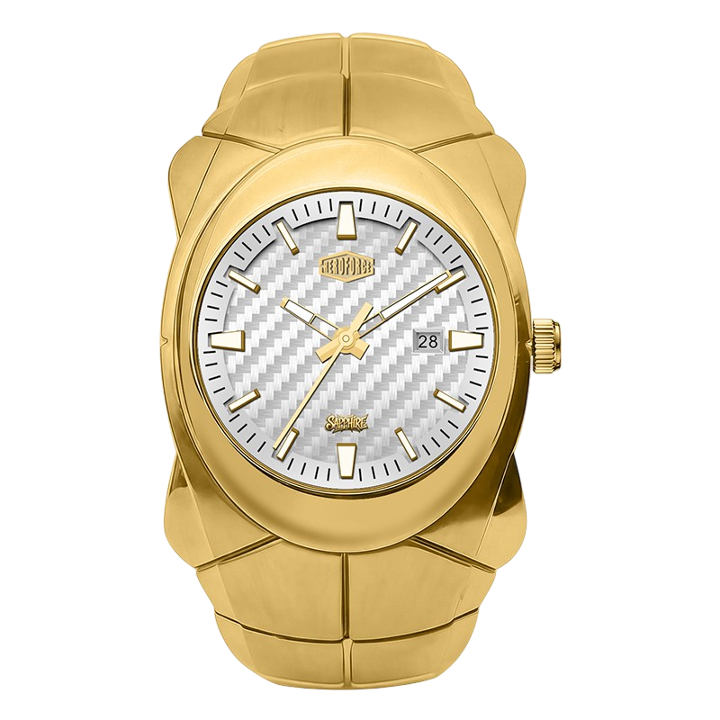 A gold-tone stainless steel watch with a textured white carbon-fiber-patterned dial.