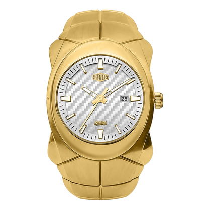 A gold-tone stainless steel watch with a textured white carbon-fiber-patterned dial.