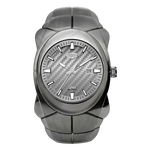 A gray-tone stainless steel wrist watch with a textured carbon-fiber-pattern dial, silver-tone hour markers and hands, and a matching segmented metal bracelet.