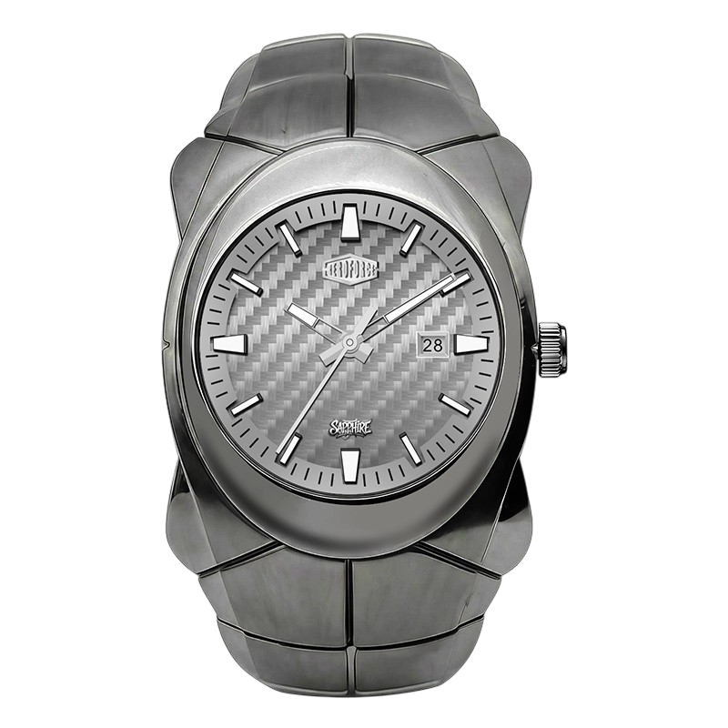 A gray-tone stainless steel wrist watch with a textured carbon-fiber-pattern dial, silver-tone hour markers and hands, and a matching segmented metal bracelet.