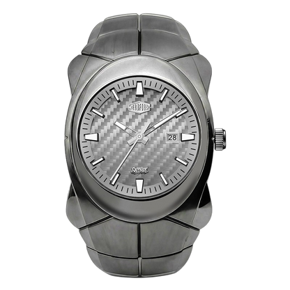A gray-tone stainless steel wrist watch with a textured carbon-fiber-pattern dial, silver-tone hour markers and hands, and a matching segmented metal bracelet.