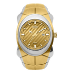 A two-tone gold and silver wristwatch with a textured gold dial, featuring a date window.