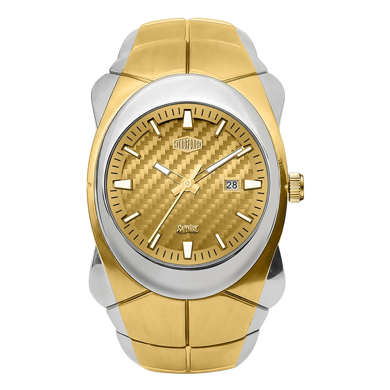 A two-tone gold and silver wristwatch with a textured gold dial, featuring a date window.