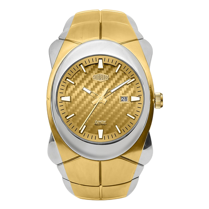A two-tone gold and silver wristwatch with a textured gold dial, featuring a date window.