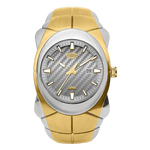 A two-tone wrist watch with a gold and silver-tone metal bracelet and case, featuring a textured gray carbon fiber dial with gold hands and markers.