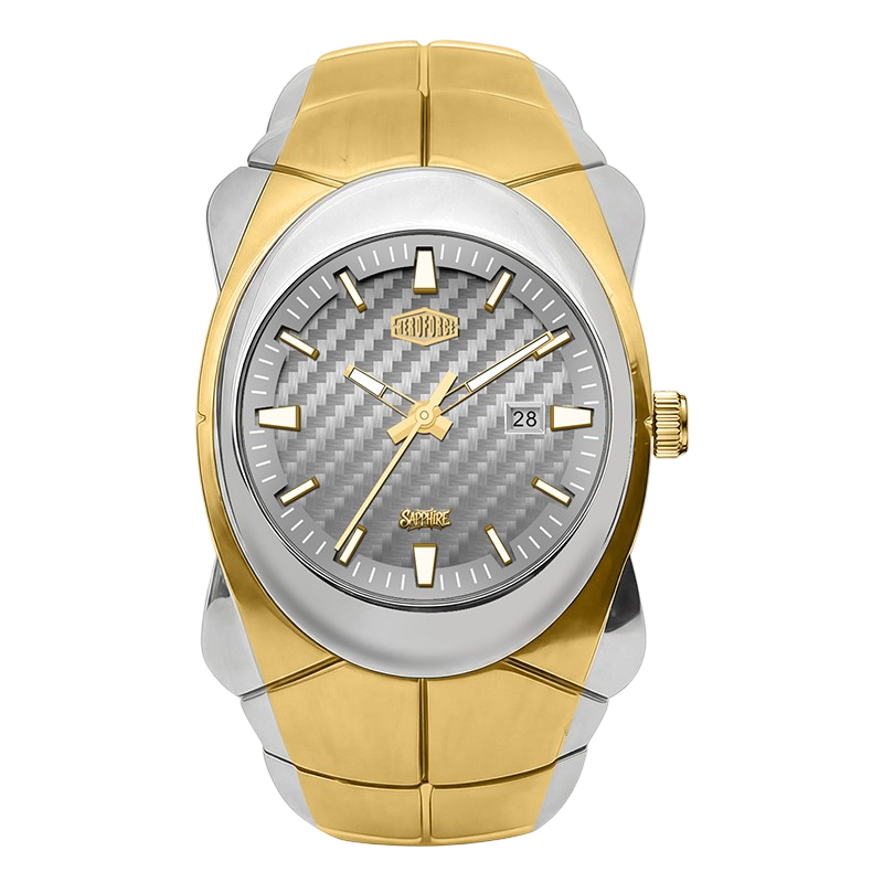 A two-tone wrist watch with a gold and silver-tone metal bracelet and case, featuring a textured gray carbon fiber dial with gold hands and markers.