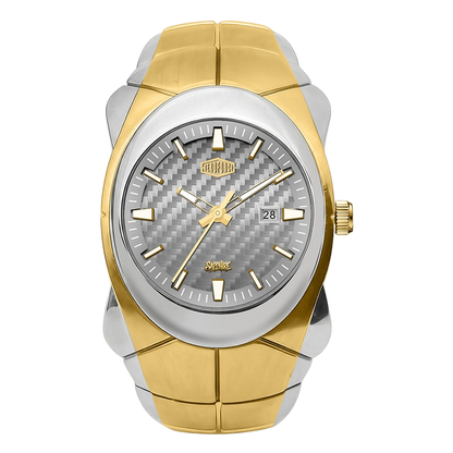 A two-tone wrist watch with a gold and silver-tone metal bracelet and case, featuring a textured gray carbon fiber dial with gold hands and markers.