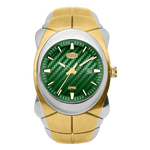 A two-tone wrist watch with a green carbon-fiber-textured dial, a silver-tone case, and a gold-tone integrated link bracelet.