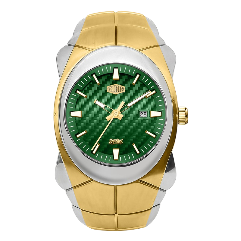 A two-tone wrist watch with a green carbon-fiber-textured dial, a silver-tone case, and a gold-tone integrated link bracelet.