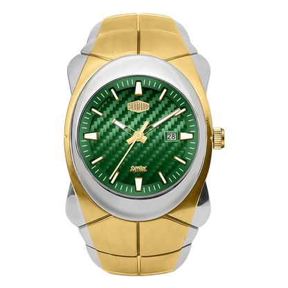 A two-tone wrist watch with a green carbon-fiber-textured dial, a silver-tone case, and a gold-tone integrated link bracelet.