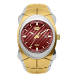 A two-tone wrist watch with a gold and silver stainless steel case and link bracelet, featuring a textured red dial with gold-tone hands and markers.