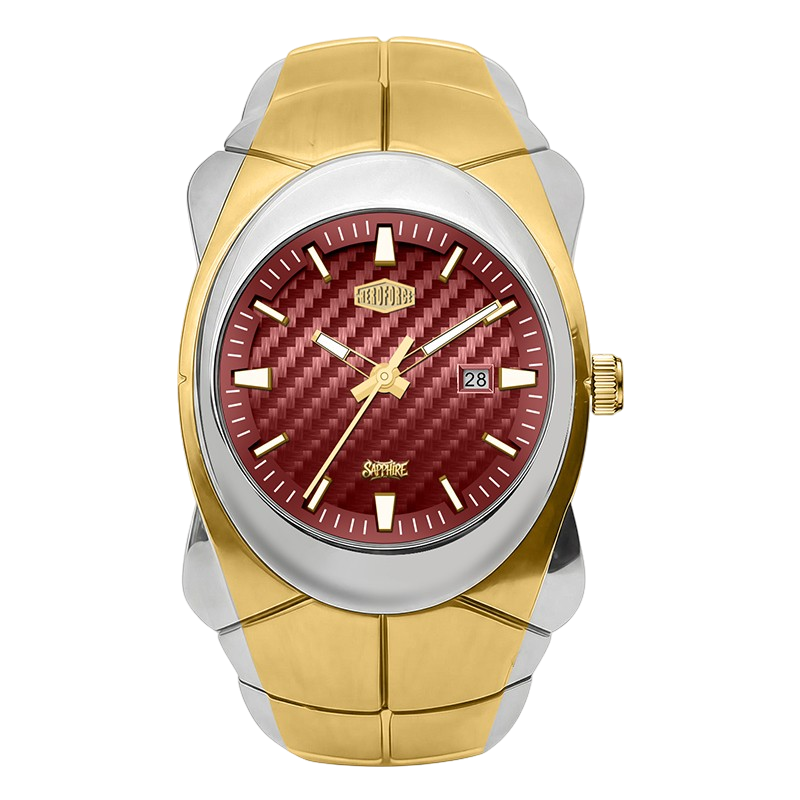 A two-tone wrist watch with a gold and silver stainless steel case and link bracelet, featuring a textured red dial with gold-tone hands and markers.