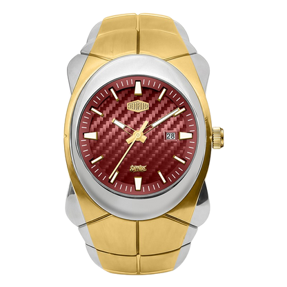 A two-tone wrist watch with a gold and silver stainless steel case and link bracelet, featuring a textured red dial with gold-tone hands and markers.