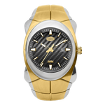 A two-tone wrist watch with a gold and silver stainless steel case and link bracelet, featuring a black carbon-fiber-textured dial with gold hands and markers.