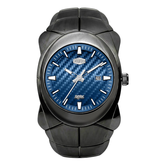 A rugged black watch with a textured blue carbon-fiber-style dial, silver-tone hands and markers, and a date window.