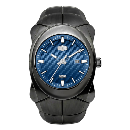 A rugged black watch with a textured blue carbon-fiber-style dial, silver-tone hands and markers, and a date window.