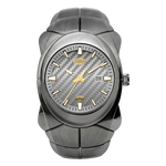 A men's analog watch with a dark gray metallic link bracelet, a matching dark gray case, and a textured gray carbon-fiber-pattern dial with gold-tone hands, markers, and crown.