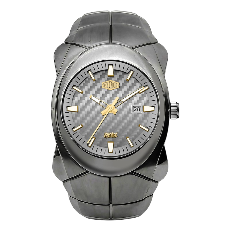 A men's analog watch with a dark gray metallic link bracelet, a matching dark gray case, and a textured gray carbon-fiber-pattern dial with gold-tone hands, markers, and crown.