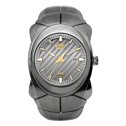 A men's analog watch with a dark gray metallic link bracelet, a matching dark gray case, and a textured gray carbon-fiber-pattern dial with gold-tone hands, markers, and crown.