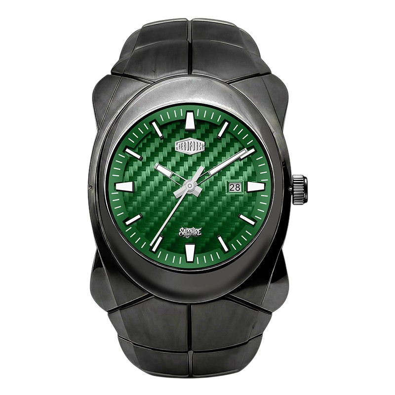 A rugged black watch with a glossy black resin case and integrated black strap, featuring a textured green carbon-fiber-style dial with silver-tone hands, baton markers, and a date window.