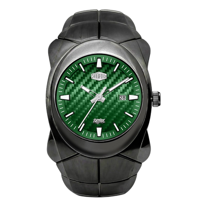 A rugged black watch with a glossy black resin case and integrated black strap, featuring a textured green carbon-fiber-style dial with silver-tone hands, baton markers, and a date window.