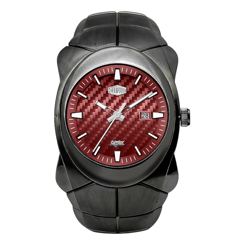 A rugged black watch with a textured red carbon-fiber-style dial, silver-tone hands and markers, and a date window.