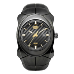 A rugged black carbon-fiber-patterned watch with gold-tone hands, hour markers, and crown, shown on a plain white background.