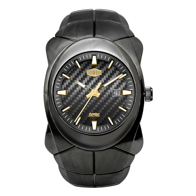 A rugged black carbon-fiber-patterned watch with gold-tone hands, hour markers, and crown, shown on a plain white background.