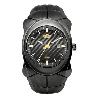 A rugged black carbon-fiber-patterned watch with gold-tone hands, hour markers, and crown, shown on a plain white background.