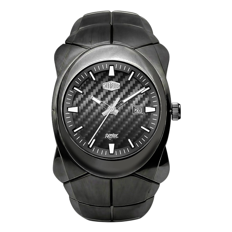 A rugged black watch with a carbon fiber textured dial, silver-tone hands and indices, and a black segmented strap.