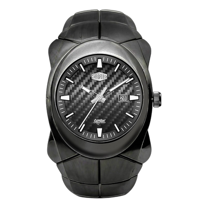 A rugged black watch with a carbon fiber textured dial, silver-tone hands and indices, and a black segmented strap.