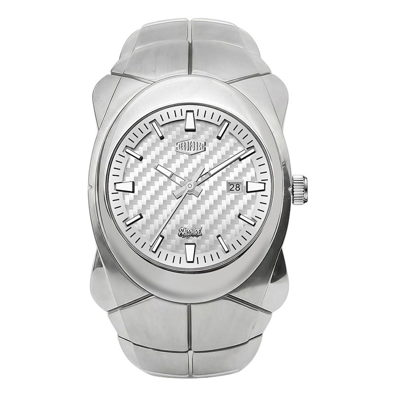 HEROFORCE 6039 - A silver-tone stainless steel wrist watch with a textured carbon-fiber-patterned white dial, integrated link bracelet, and date window, shown against a plain white background.