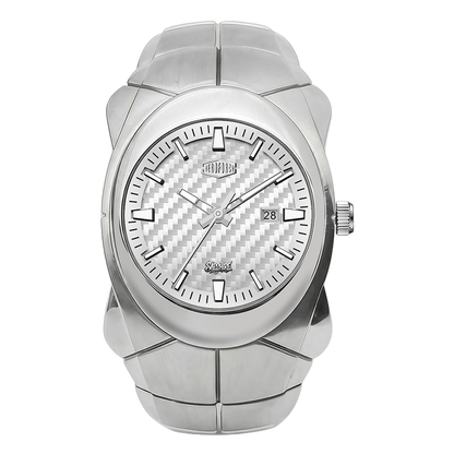 HEROFORCE 6039 - A silver-tone stainless steel wrist watch with a textured carbon-fiber-patterned white dial, integrated link bracelet, and date window, shown against a plain white background.
