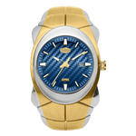 HEROFORCE 6039 - A two-tone wrist watch with a gold and silver stainless steel case and link bracelet, featuring a blue carbon-fiber-textured dial with gold hands and markers.