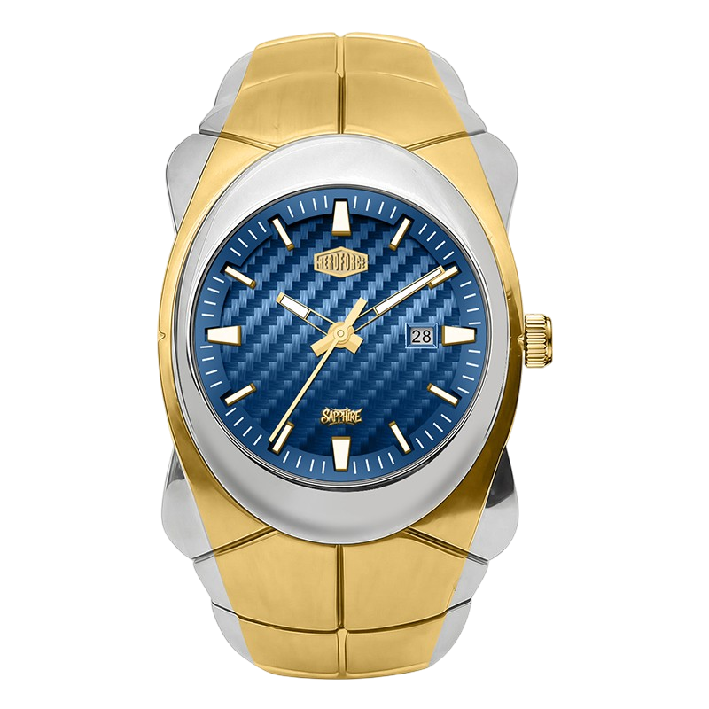 HEROFORCE 6039 - A two-tone wrist watch with a gold and silver stainless steel case and link bracelet, featuring a blue carbon-fiber-textured dial with gold hands and markers.
