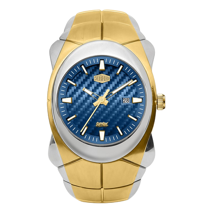 HEROFORCE 6039 - A two-tone wrist watch with a gold and silver stainless steel case and link bracelet, featuring a blue carbon-fiber-textured dial with gold hands and markers.