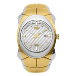 A two-tone wrist watch with a gold and silver-tone metal case and link bracelet, featuring a white dial with a carbon fiber pattern and gold hands.
