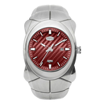 HEROFORCE 6039 - A watch with a silver stainless steel case and integrated bracelet, featuring a textured red carbon-fiber pattern dial with silver hands and markers.