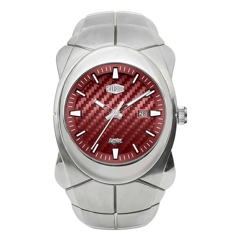 HEROFORCE 6039 - A watch with a silver stainless steel case and integrated bracelet, featuring a textured red carbon-fiber pattern dial with silver hands and markers.
