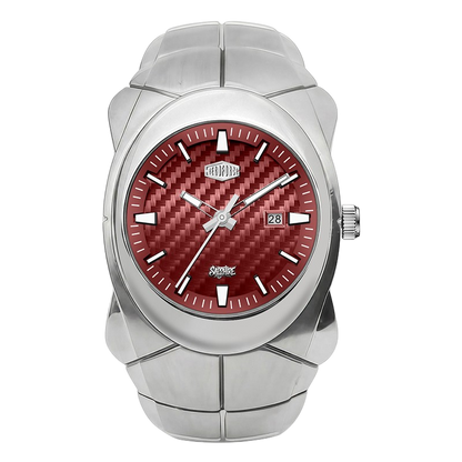 HEROFORCE 6039 - A watch with a silver stainless steel case and integrated bracelet, featuring a textured red carbon-fiber pattern dial with silver hands and markers.