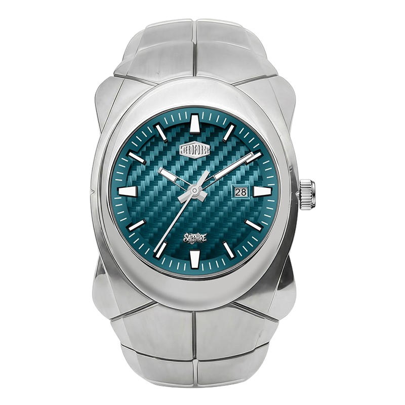 HEROFORCE 6039 - Silver stainless steel case and integrated bracelet, featuring a textured teal blue dial with a carbon fiber pattern.