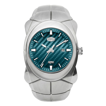 HEROFORCE 6039 - Silver stainless steel case and integrated bracelet, featuring a textured teal blue dial with a carbon fiber pattern.