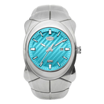HEROFORCE 6039 - silver-tone stainless steel wrist watch with a textured turquoise blue dial and a matching segmented link bracelet, shown against a plain white background.