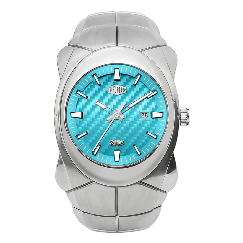 HEROFORCE 6039 - silver-tone stainless steel wrist watch with a textured turquoise blue dial and a matching segmented link bracelet, shown against a plain white background.