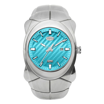 HEROFORCE 6039 - silver-tone stainless steel wrist watch with a textured turquoise blue dial and a matching segmented link bracelet, shown against a plain white background.