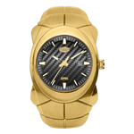 A gold-tone stainless steel watch with a textured black carbon fiber dial, featuring a date window and a gold-tone bezel and integrated link strap.