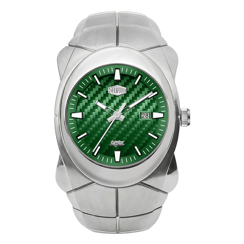 HEROFORCE 6069 - A silver-tone stainless steel wristwatch with a textured green carbon-fiber-pattern dial and silver-tone bezel and case.